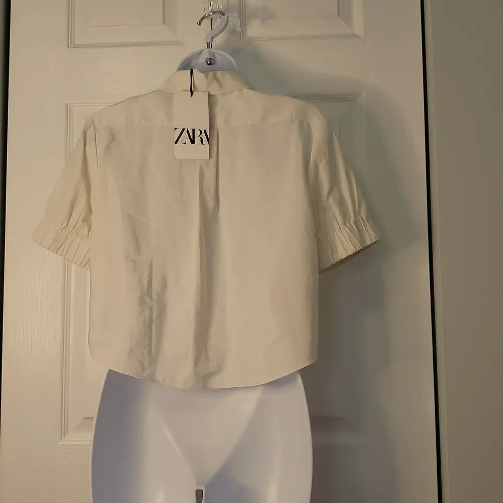 Zara lapel collar shirt short puffy sleeve Sz XS NWT Academia School Girl